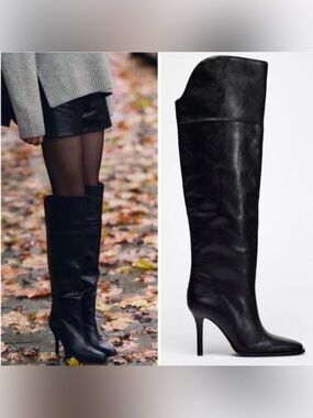 NWTB Zara XL Black Over-The-Knee Heeled Genuine Leather Boots Womens - Size 10